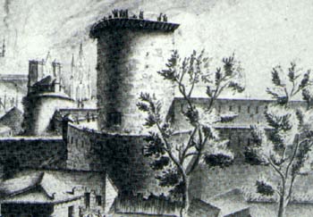 Les prisons du Fort du Hâ en 1787 lors de l'incendie de la Cathêdrale de Bordeaux - Dessin de Dubourdieu (Archives Municipales de Bordeaux) 