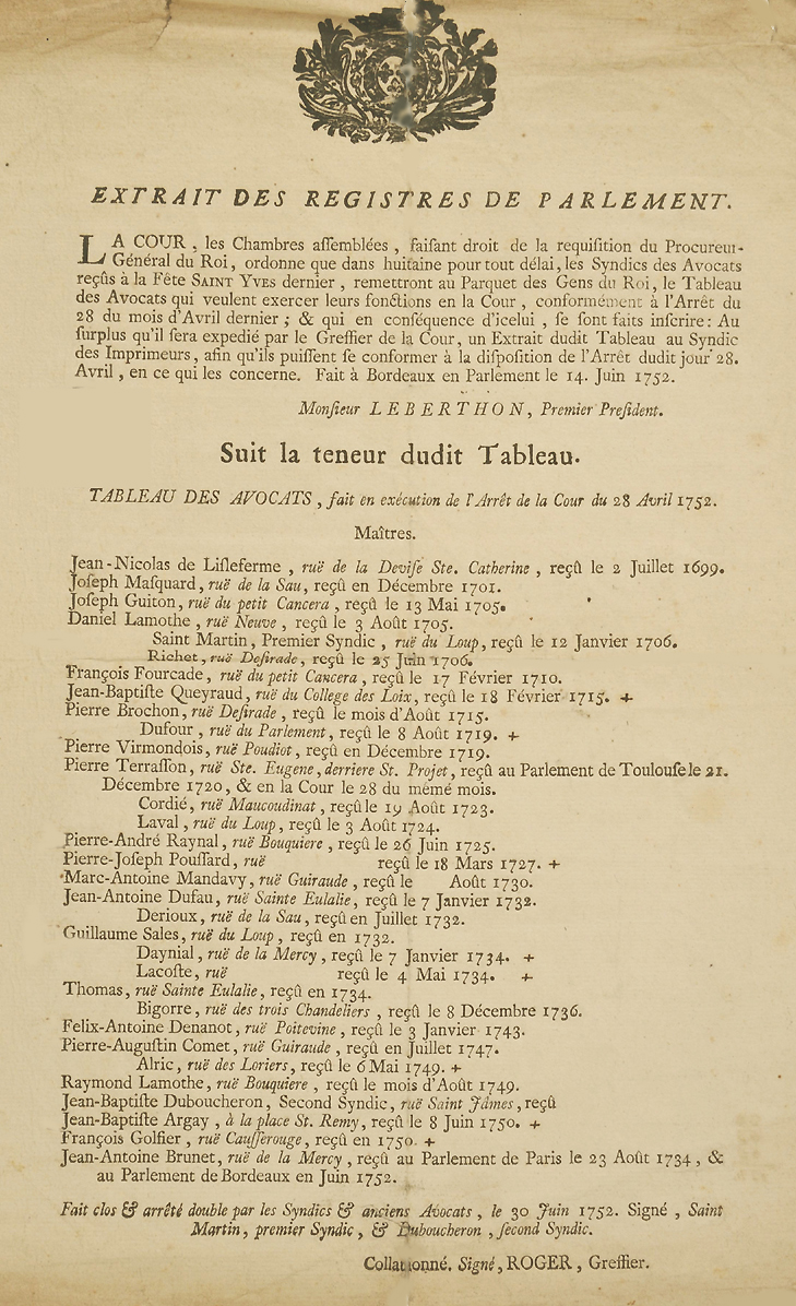Le premier tableau des avocats de Bordeaux en juin 1752