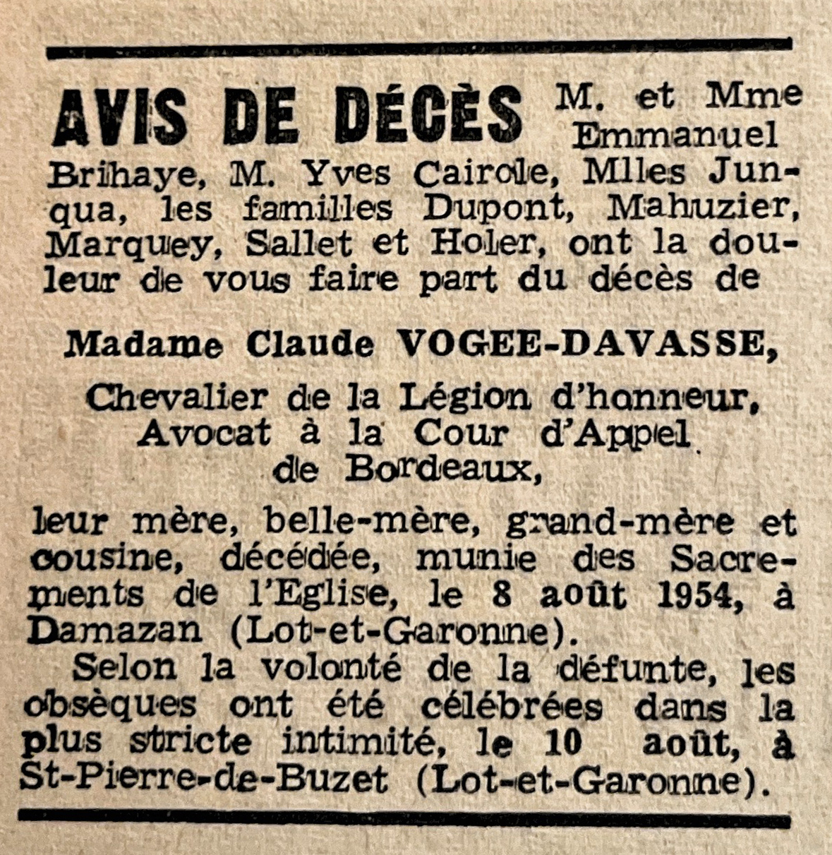 Faire-part de décès–Sud-Ouest–24 août 1954