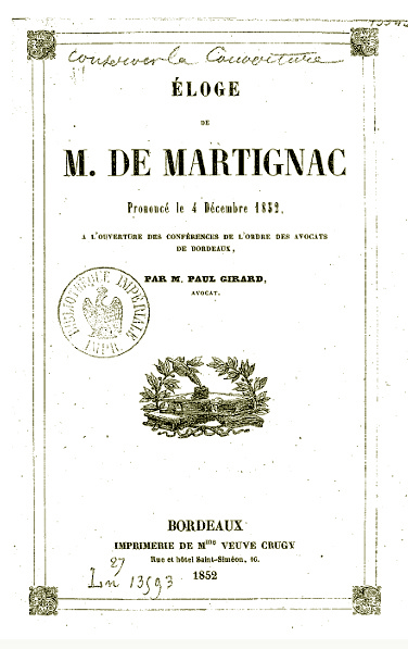 Eloge de Martignac  prononcé lors de la Rentrée des Conférences 1852 par P.Girard, Coll. Part.