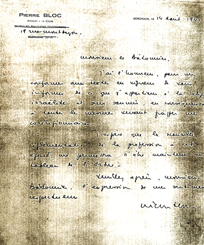 Copie de la lettre de Pierre Bloc au bâtonnier-15 avril 1941