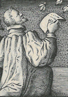 Jean de Loyac  genoux ddiant son livre au roi. (Frontispice grav par Firens).1615