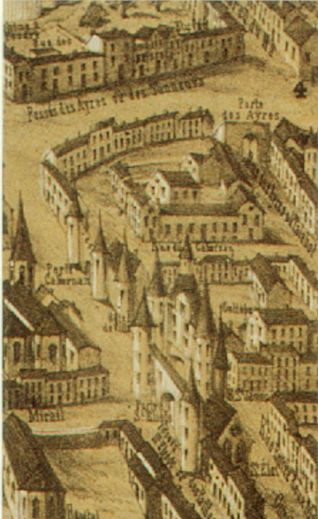 Au premier plan :., dans l'enceinte du XIIIme sicle, l'glise Saint Eloi, la Grosse Cloche et l'htel de ville sige du maire et des Jurats. Dtail du plan par Chaumas, 1550. Coll. part.