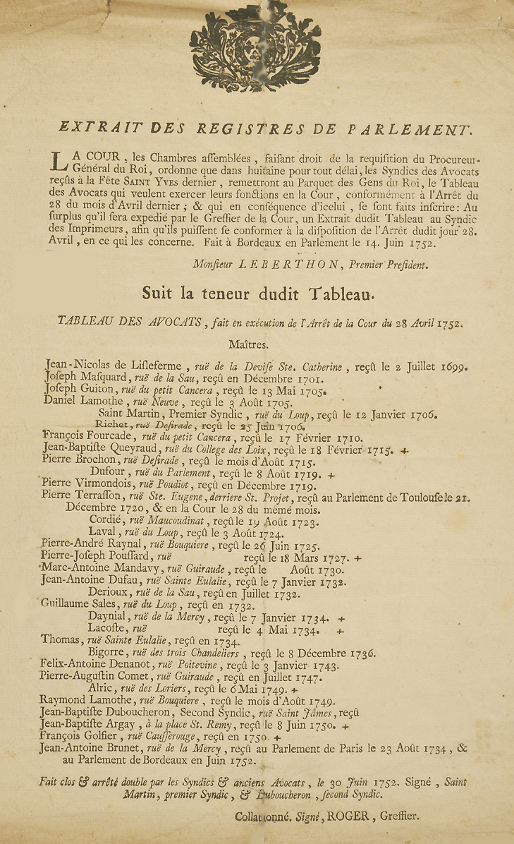 Le tableau des avocats de Bordeaux �tabli le 20 juin 1755