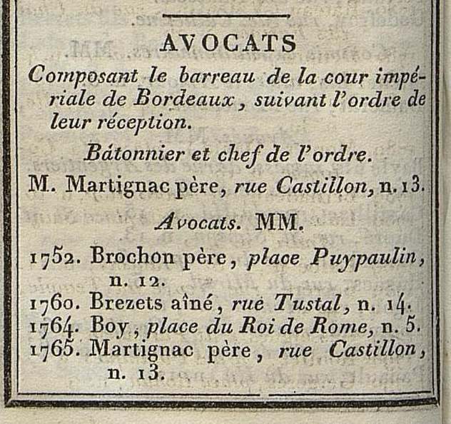  partir de 1811, le tableau devient celui de l'Ordre des avocats  la Cour impriale de Bordeaux 