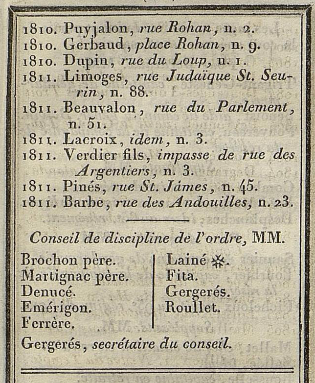   partir de 1811, le tableau devient celui de l'Ordre des avocats  la Cour impriale de Bordeaux 