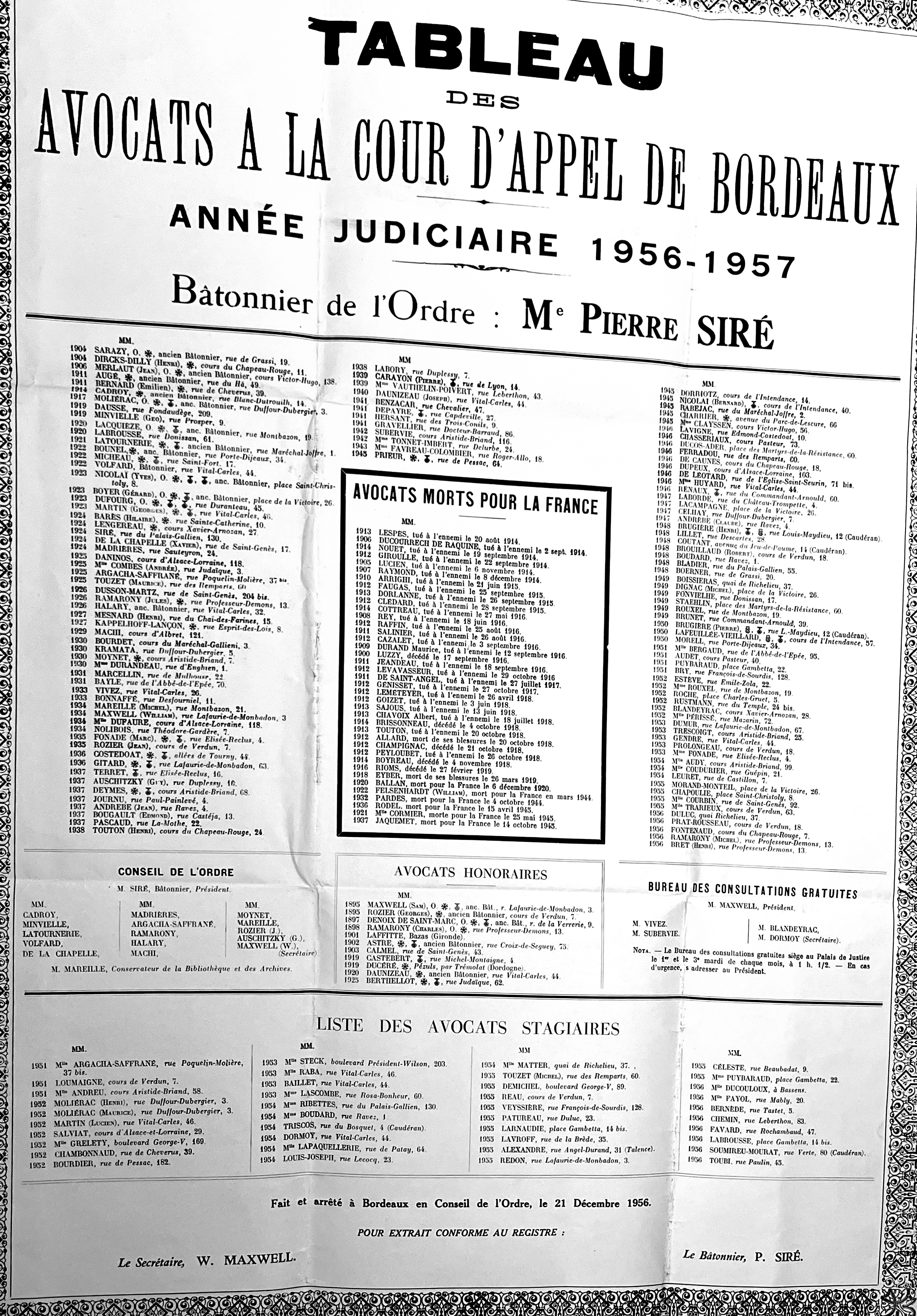 Le tableau de l'Ordre des Avocats  la Cour d